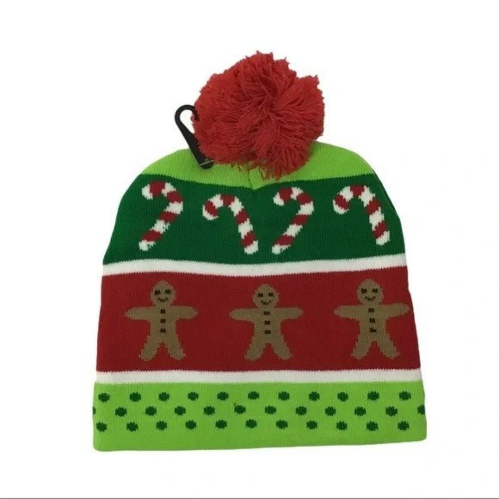 2X HOST PICK Holiday Hat Gingerbread Man ADULT LED Beanie Pompom - Picture 3 of 4